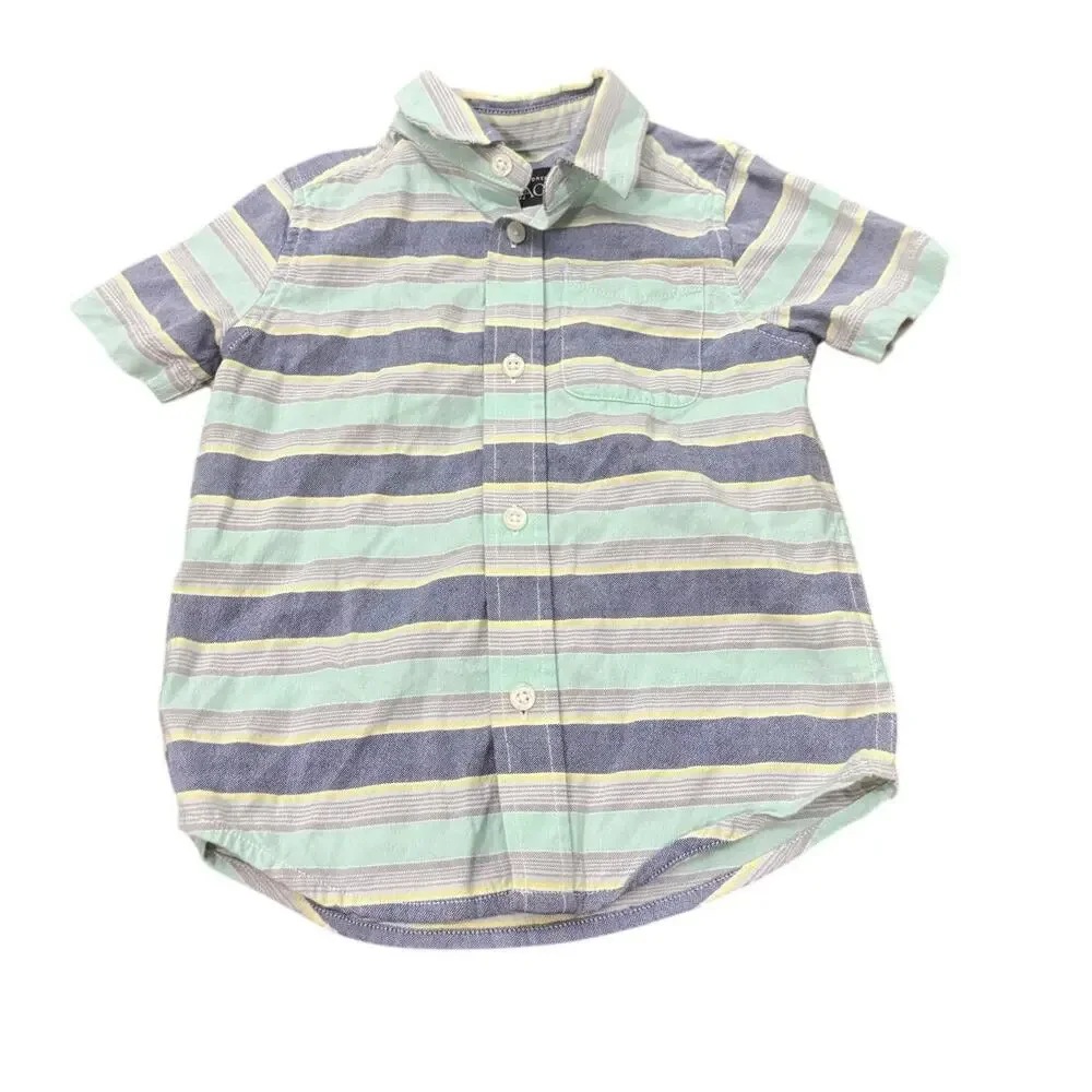 The Children’s Place Boys Button Down Shirt 3T‎ Blue Yellow Striped Short Sleeve